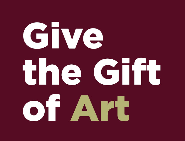 graphic that says give the gift of art in maroon and green