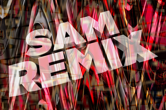 Image of SAM REMIX graphic in 3D on a background of swirling red, gold, and black colors