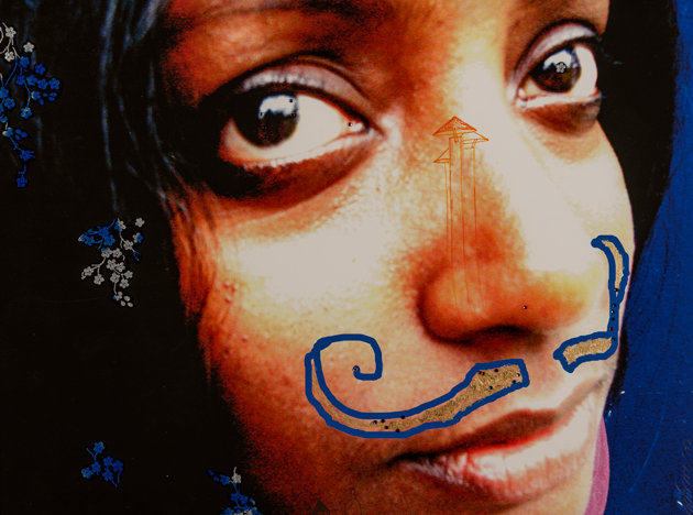Closely cropped portait of a young South Asian woman stares slightly upward at a three-quarter angle. Numerous doodles have been drawn digitally on top, such as blue curling mustache, arrows pointing upward near her nose and flowers dart down her hair along the left edge of the photograph. '