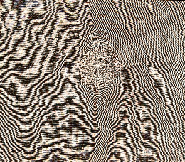 Painting of intracate organic lines in earth tones moving toward a center shape