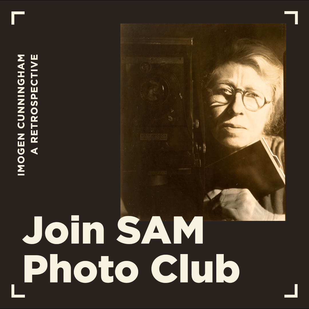 Graphic reading Join SAM Photo Club featuring an image of a portrait by Imogen Cunningham with her camera