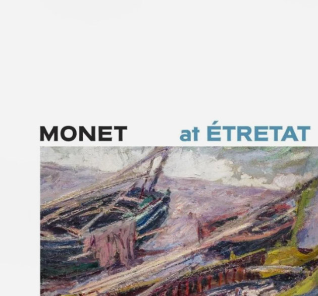 Image the cover of the catalogue with a paint of Fishing Boats and the text Monet at Etretat