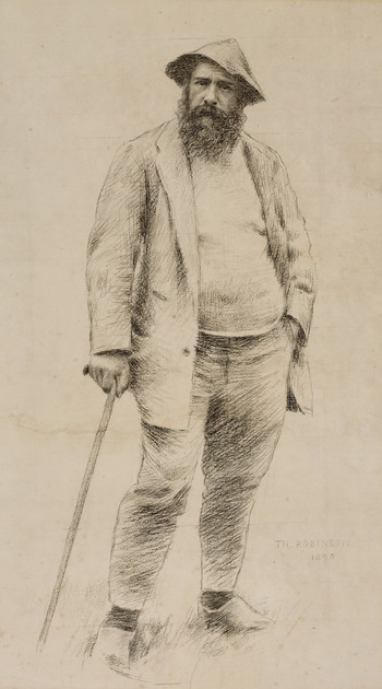 Full body portrait of Monet holding a walking stick and wearing a hat sketched in charcoal