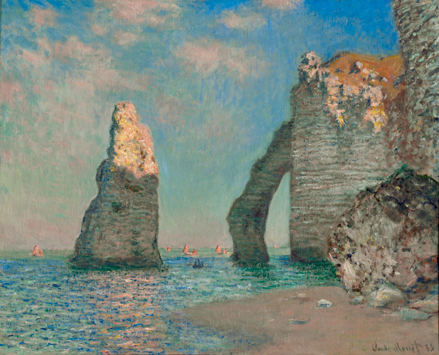 Painterly image of seastacks rising out of the sea, with a cliff and beach to the right